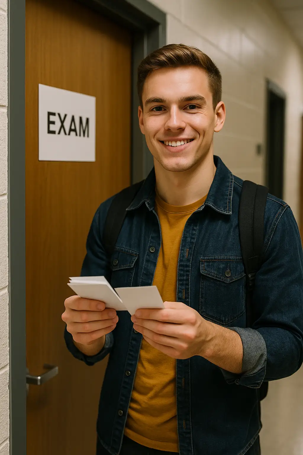 A smiling young man with a backpack holds CAPM flashcards while standing in a hallway next to a door labeled "EXAM.