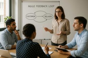 A woman stands and explains the "Agile Feedback Loop" drawn on a whiteboard to three colleagues seated at a table with notebooks and a tablet in a meeting room.