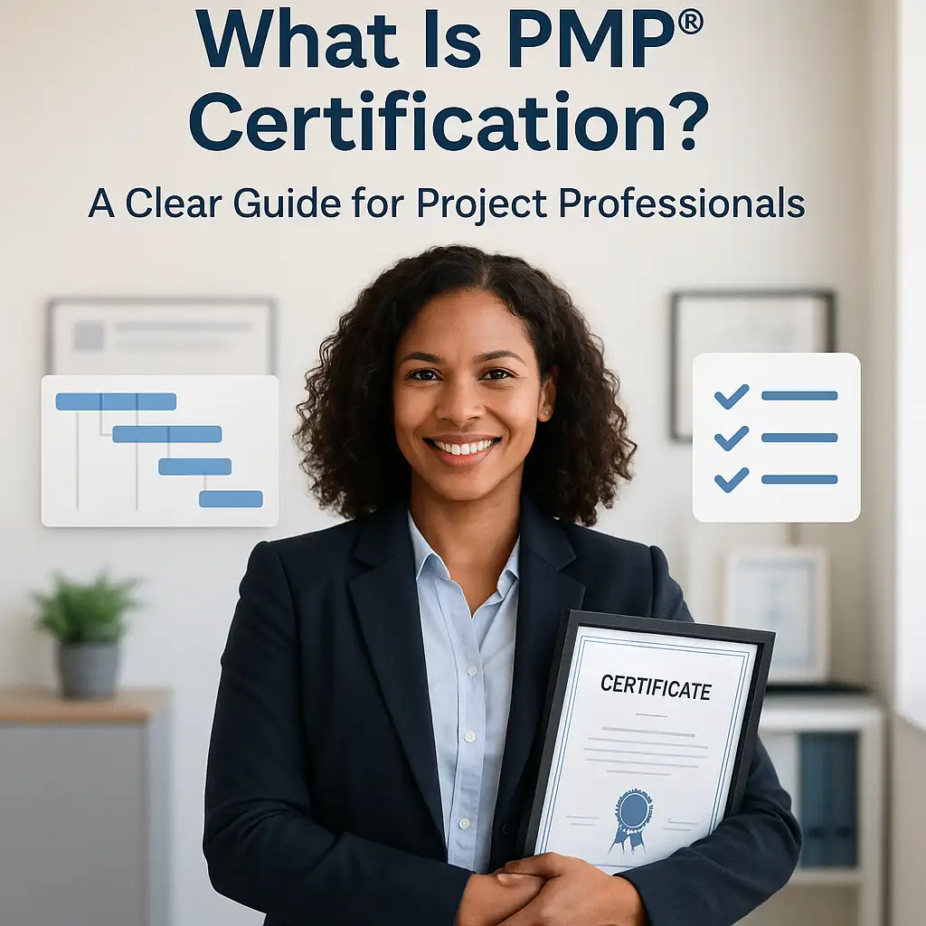 A woman in business attire smiles while holding a certificate. Behind her, icons of a checklist and timeline appear. Text above reads, "What Is PMP® Certification? Discover what is PMP certification in this clear guide for project professionals.