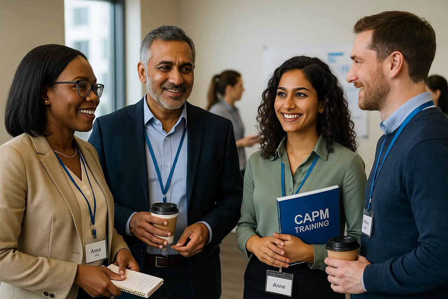 Four professionals stand together, smiling and conversing at a capm certification training course. Two hold coffee cups, one has a notebook, and another carries a folder labeled "CAPM Training." They all wear name badges and business attire.