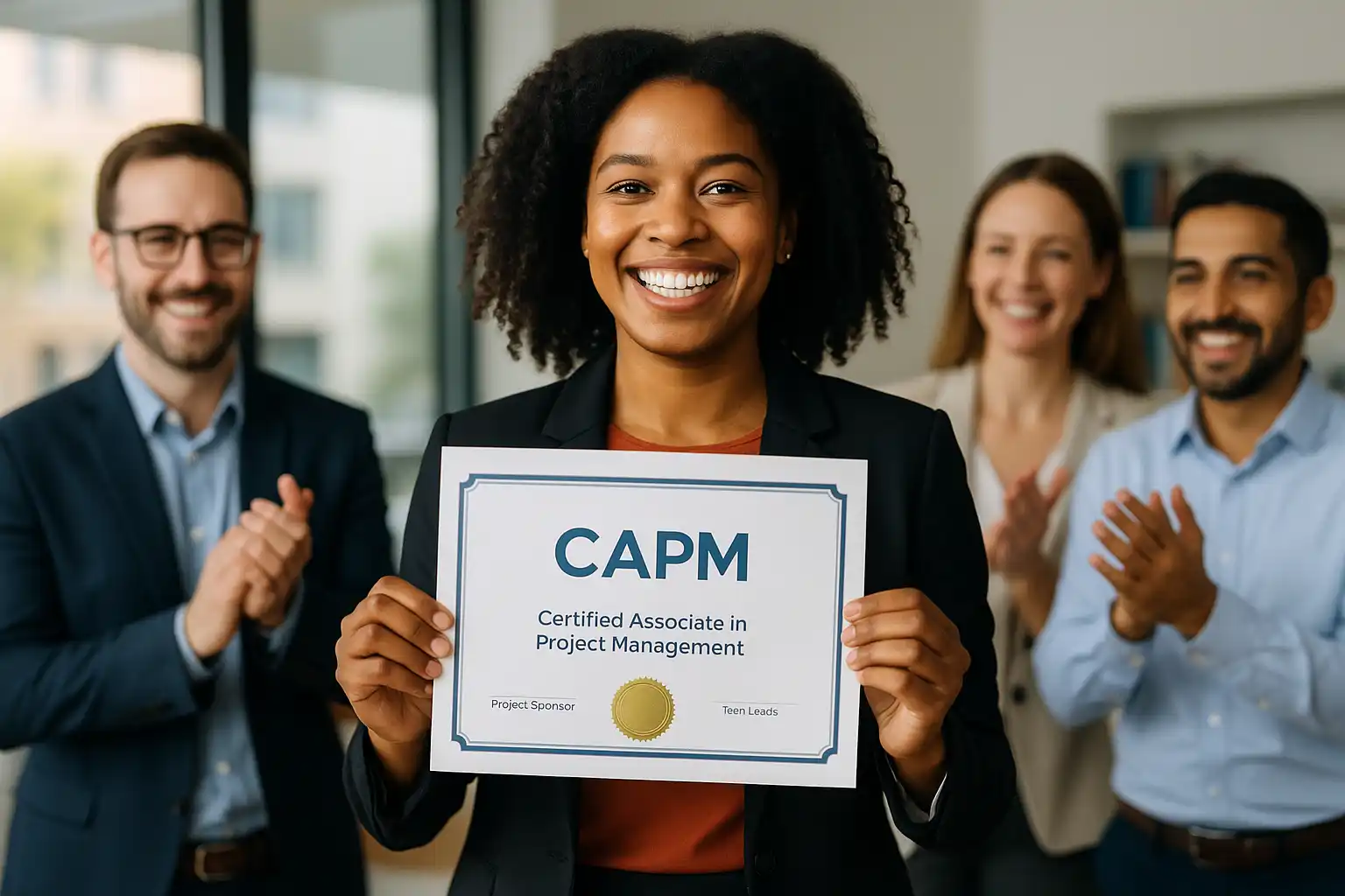 A woman smiles and holds a CAPM certificate while three colleagues stand behind her clapping and smiling in an office setting, celebrating her achievement from a CAPM certification training course in project management.