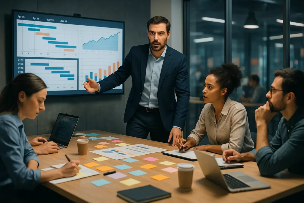 A man in a suit leads a business meeting with three colleagues. He gestures toward charts and graphs on a screen while the others listen and take notes around a table covered with sticky notes, papers, and laptops.