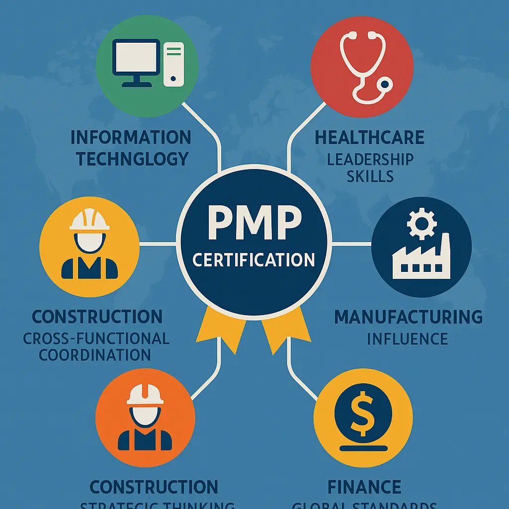 Infographic showing PMP Certification Training at the center with five fields—Information Technology, Healthcare, Manufacturing, Construction, and Finance—each represented by icons and relevant skills displayed around the central circle.