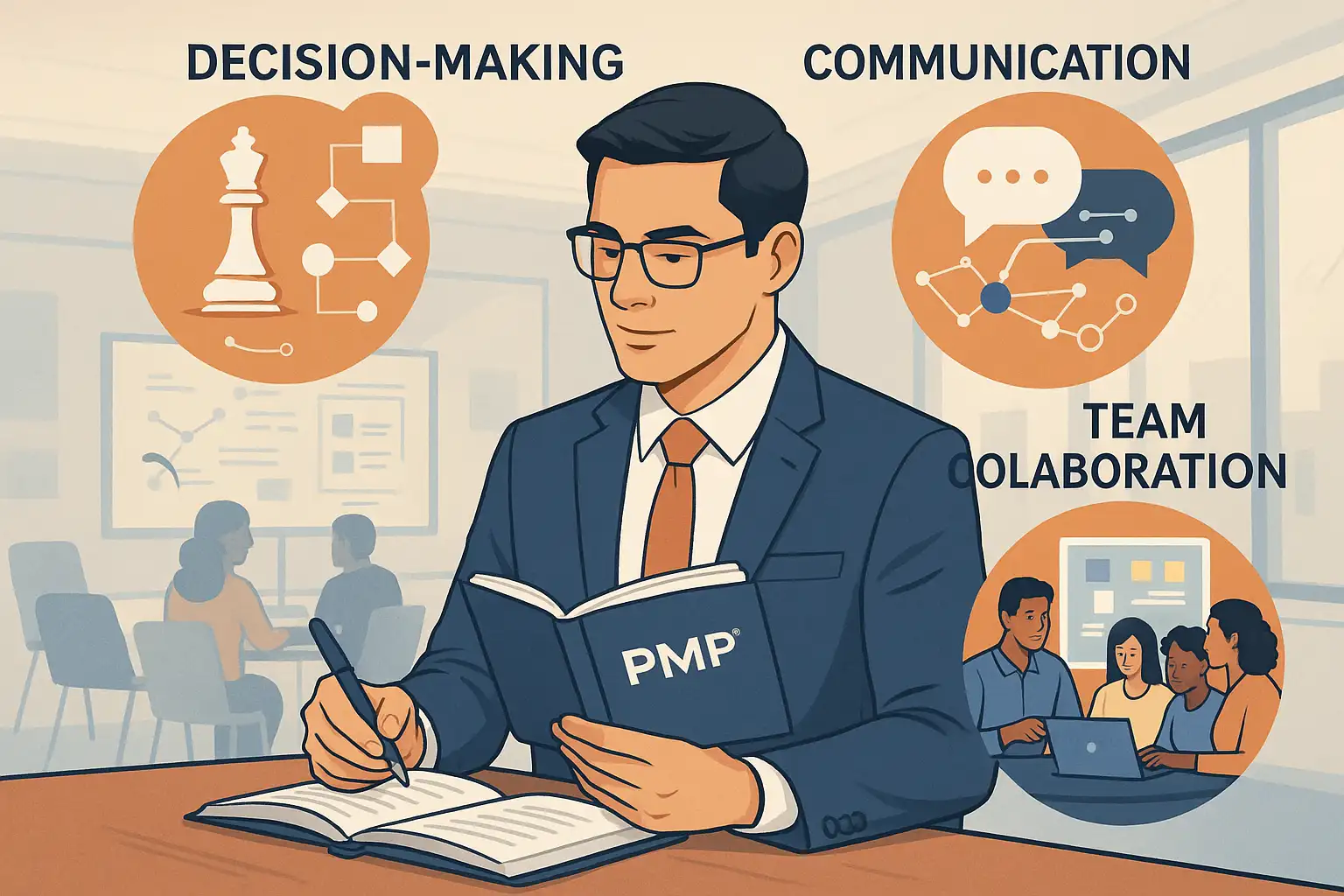 An illustrated man in a suit studies a PMP Certification Training book. In the background, icons and groups depict decision-making, communication, and team collaboration. An office setting with people working together is visible.