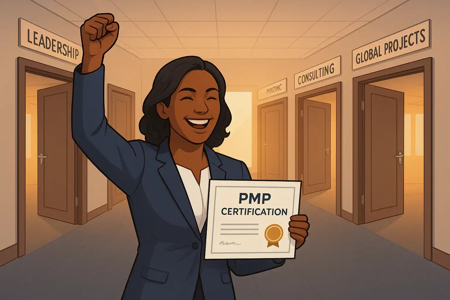 A smiling woman in a suit raises her fist in celebration while holding her PMP Certification Training certificate. She stands in a hallway lined with doors labeled Leadership, Mentoring, Consulting, and Global Projects.