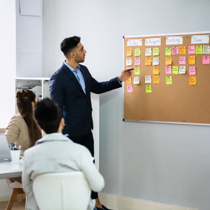 A man in a suit points to sticky notes on a kanban board labeled "To Do," "In Progress," "Testing," and "Done" while two people sit and watch, reviewing capm flashcards in an office setting.
