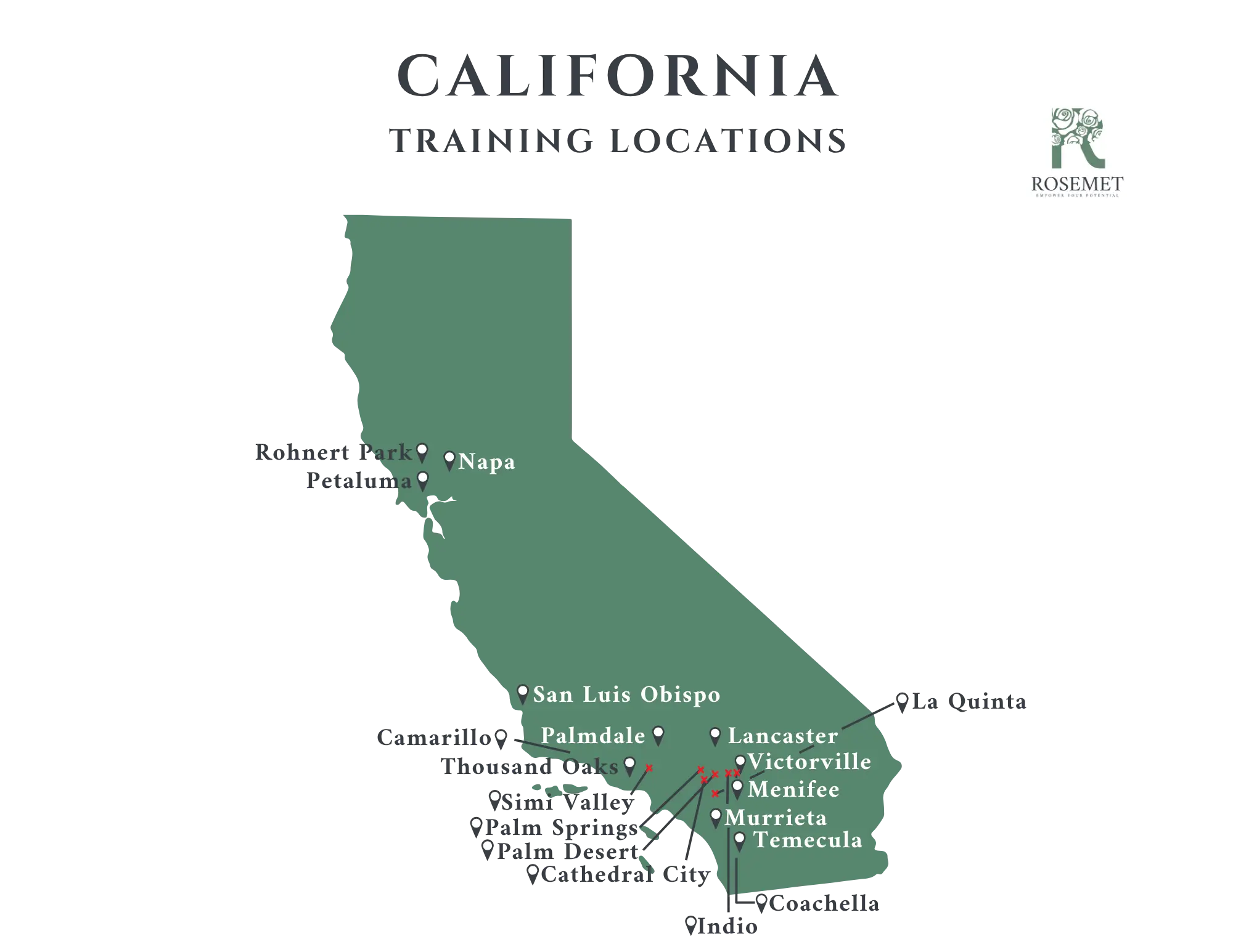 Map of California showing highlighted cities labeled as training locations: Napa, San Luis Obispo, Palmdale, Lancaster, Victorville, Menifee, Murrieta, Temecula, Oakland Park, and Culver City. Rosemet logo appears in the corner.