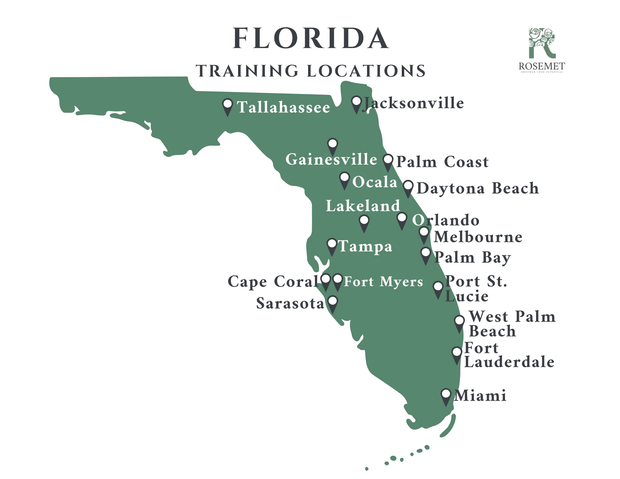 Map of Florida showing various training locations, including Tallahassee, Gainesville, Ocala, Lakeland, Tampa, and Fort Myers, with each city marked by a pinpoint. The Rosemet logo appears in the top right corner.