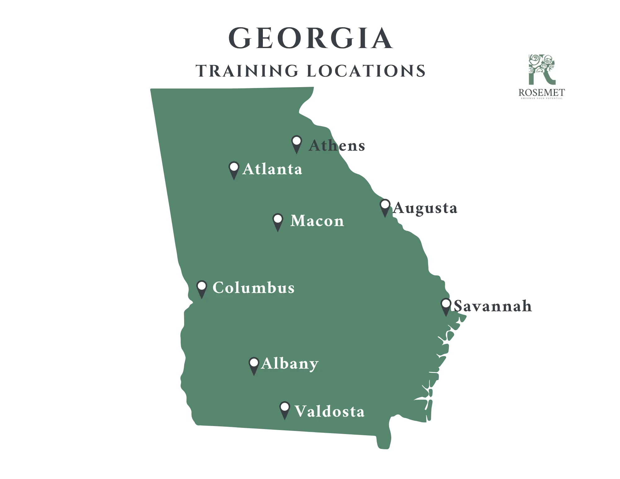 Map of Georgia showing six training locations: Atlanta, Athens, Augusta, Macon, Columbus, Albany, and Valdosta, with labeled pins and the Rosemet logo in the top right corner.
