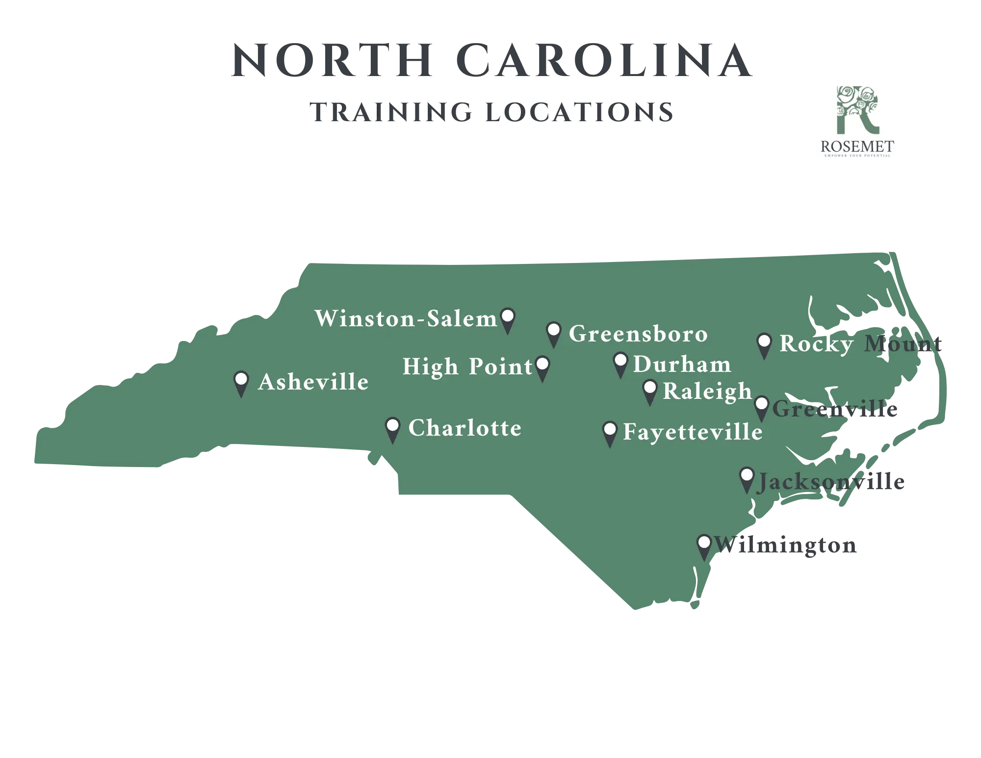 Map of North Carolina with markers indicating training locations in cities including Asheville, Winston-Salem, High Point, Greensboro, Charlotte, Durham, Raleigh, Fayetteville, Rocky Mount, Greenville, and Jacksonville.