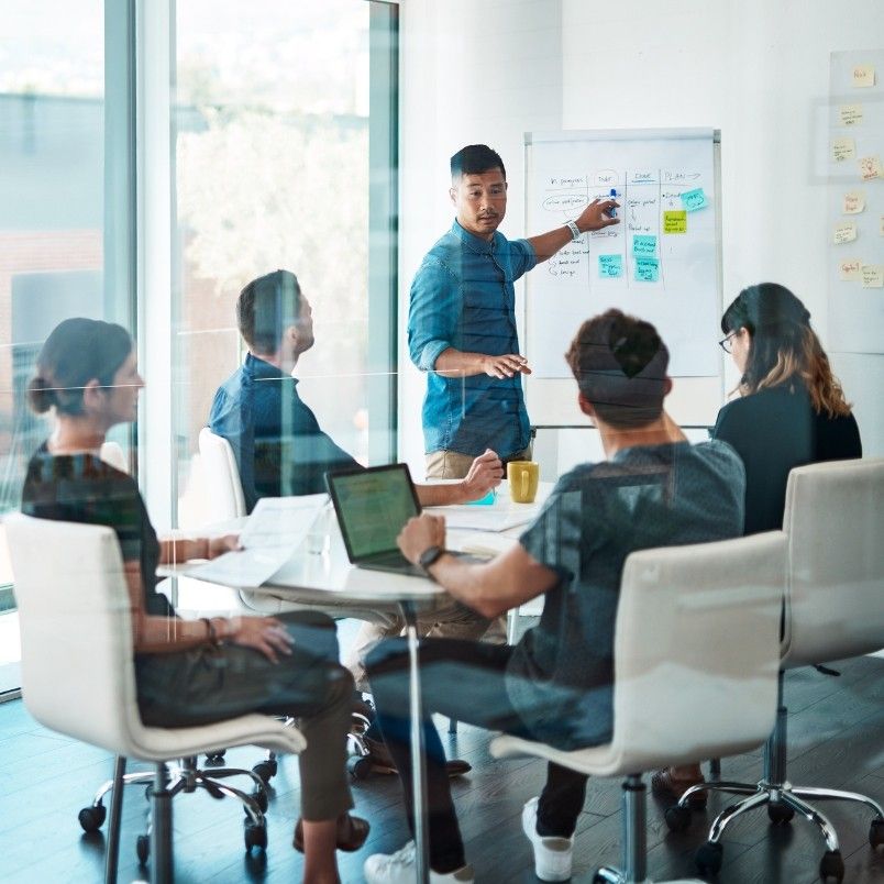 Five people are in a meeting room. One person stands by a whiteboard with notes, leading a discussion about PMP process groups, while the others sit around a table with laptops and notebooks, listening and collaborating.