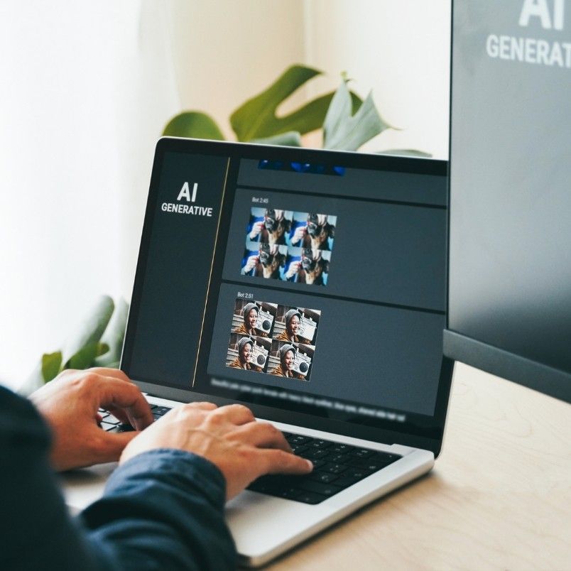 A person uses a laptop displaying a generative AI in project management program that shows image variations. A monitor next to the laptop partially displays the words “AI GENERATIVE,” with green plant leaves visible in the background.