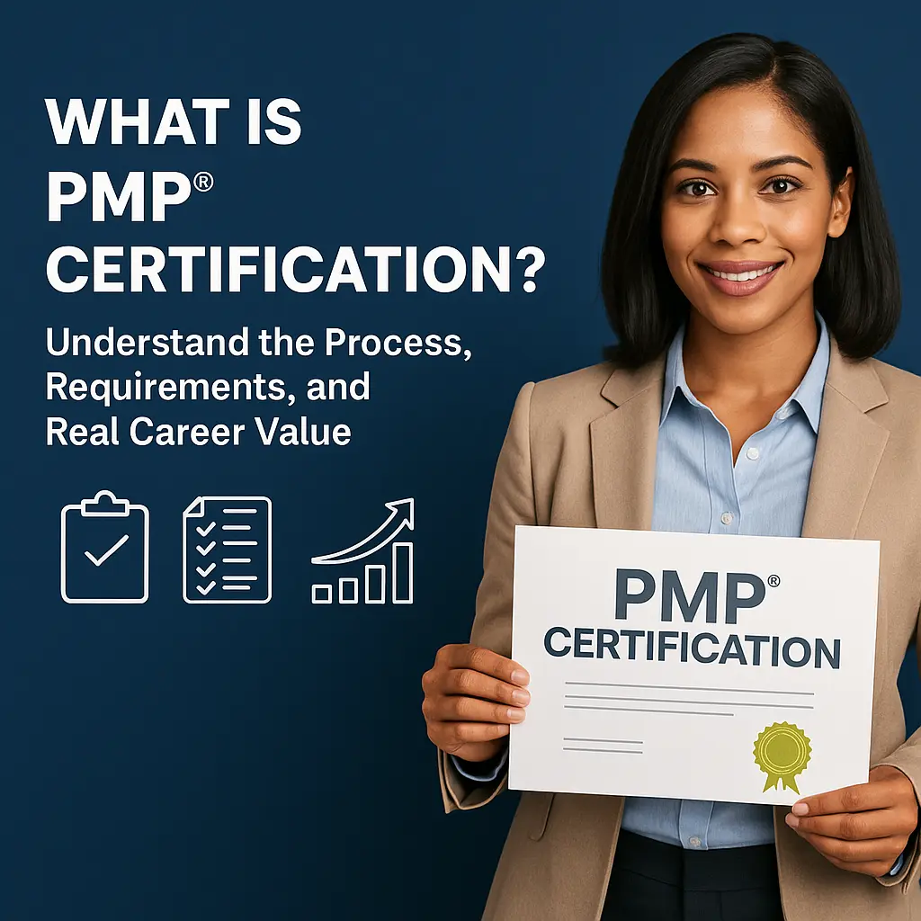 Smiling woman in a suit holds a sign that reads "PMP Certification." Text beside her says, "What is PMP Certification? Understand the Process, Requirements, and Real Career Value." Icons of a clipboard, paper, and a graph are shown.