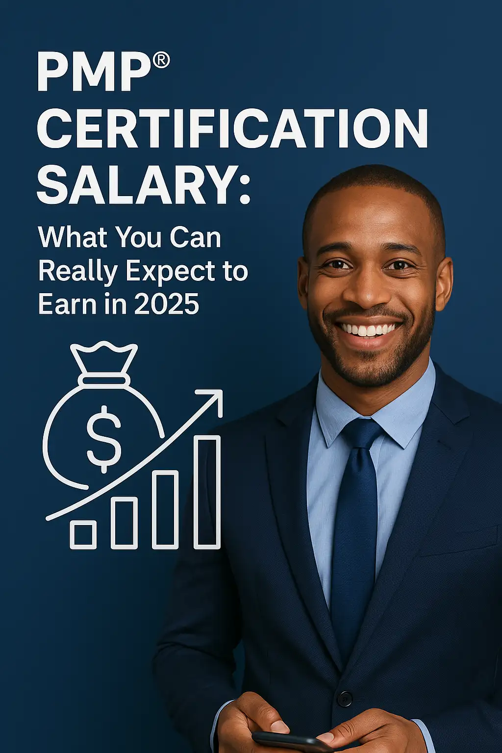 A smiling man in a navy suit stands against a dark blue background with text: "PMP Certification Salary: What You Can Really Expect to Earn in 2025" and icons of a money bag and rising bar graph.