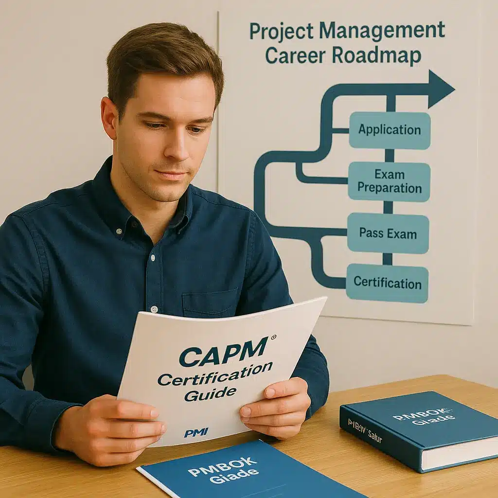 A man sits at a desk reading a "CAPM Certification Guide" booklet. Behind him is a poster titled "Project Management Career Roadmap" with steps: Application, Exam Preparation, Pass Exam, and Certification.