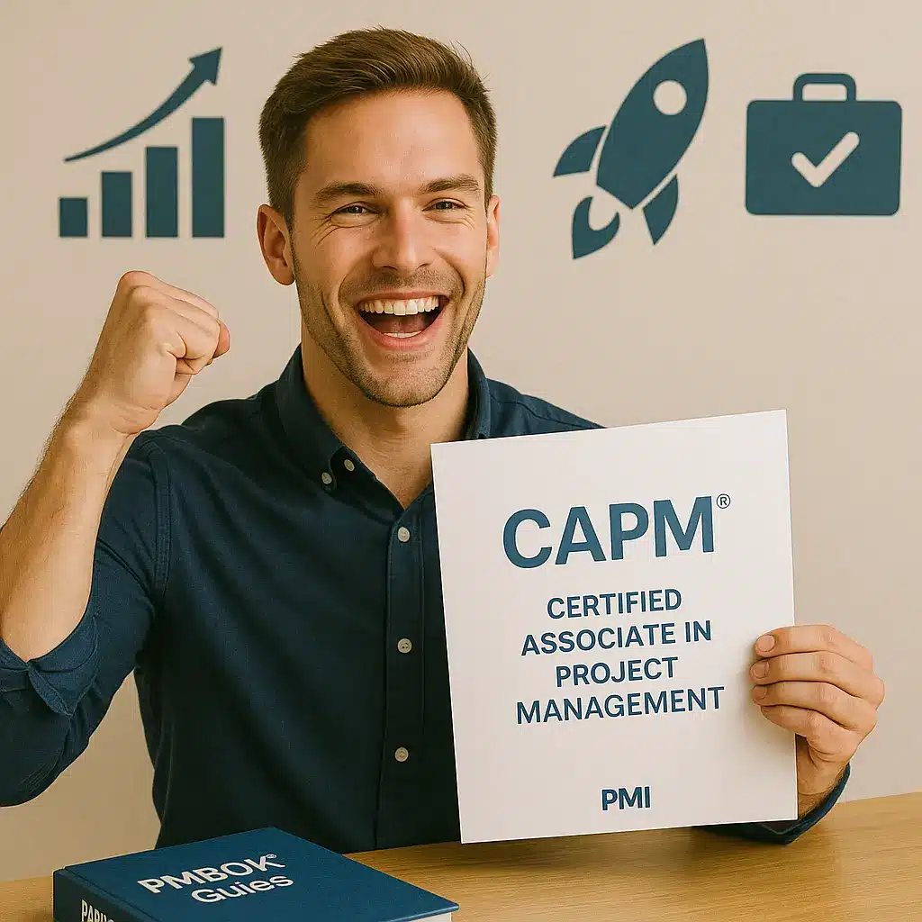 A smiling man in a blue shirt holds a sign that reads "CAPM Certified Associate in Project Management PMI" and makes a fist in celebration. Project-themed icons are visible on the wall behind him.