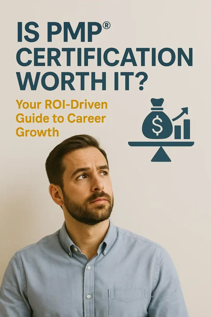 A man with a thoughtful expression looks up at text that reads, "Is PMP Certification Worth It? Your ROI-Driven Guide to Career Growth," next to an icon of money on a scale.