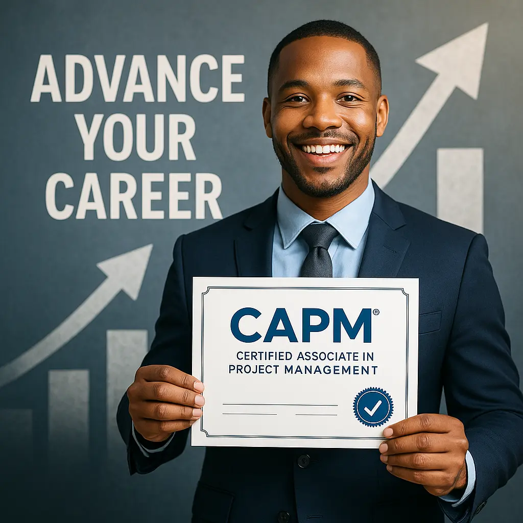 A smiling man in a suit holds a CAPM certificate. Behind him, text reads "Advance Your Career" with upward-pointing arrows on a dark background.