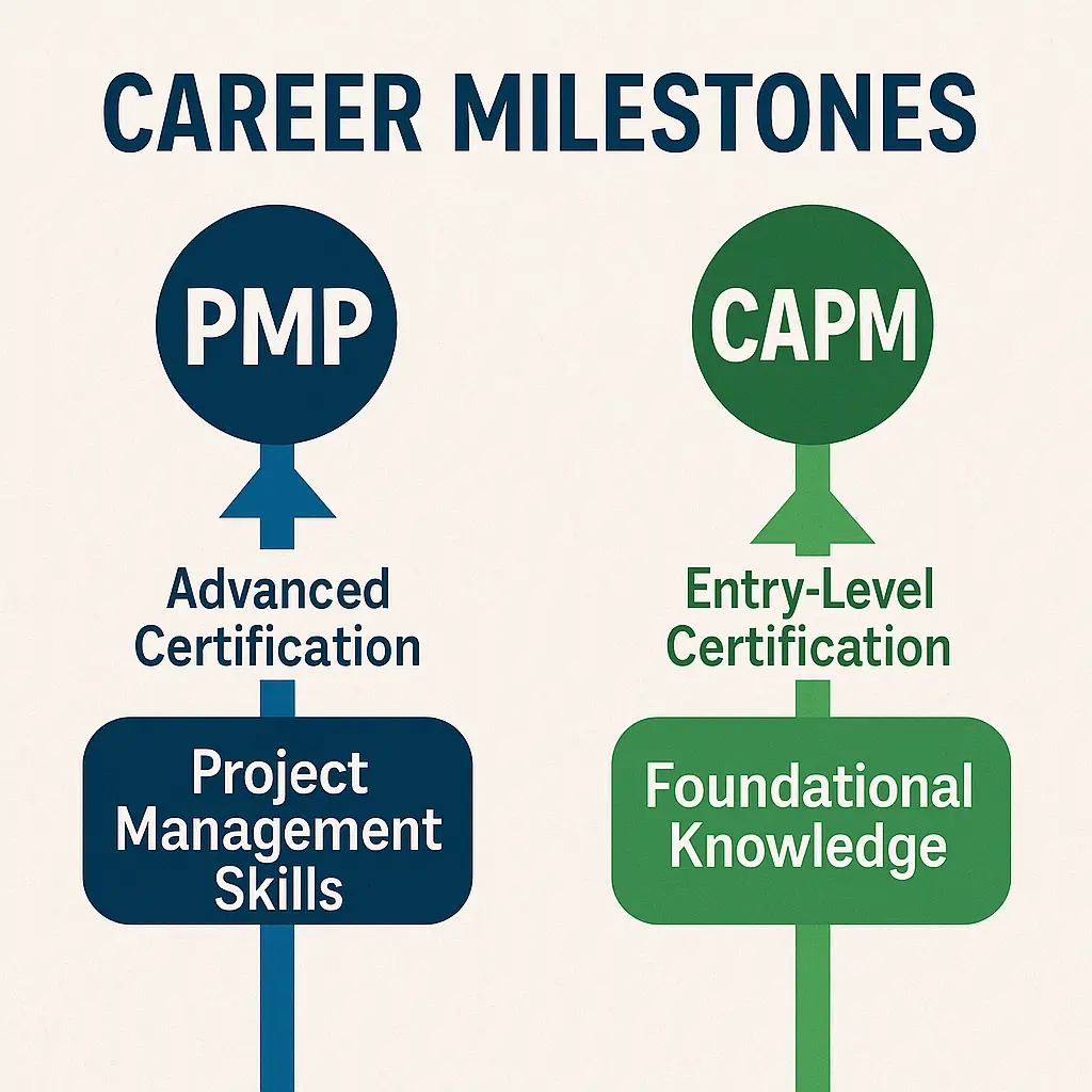 Infographic comparing PMP vs CAPM career milestones: CAPM for entry-level certification and foundational knowledge, PMP for advanced certification and project management skills. Each milestone is shown with labeled circles and arrows.