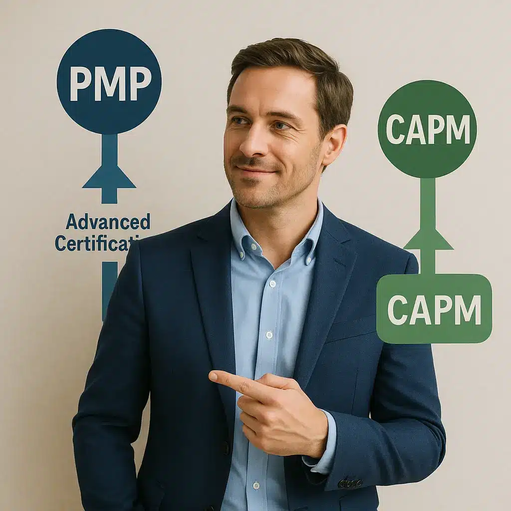 A man in a suit smiles and points to his left, where diagrams labeled "PMP Advanced Certification" and "CAPM" illustrate the PMP vs CAPM progression in project management certification.