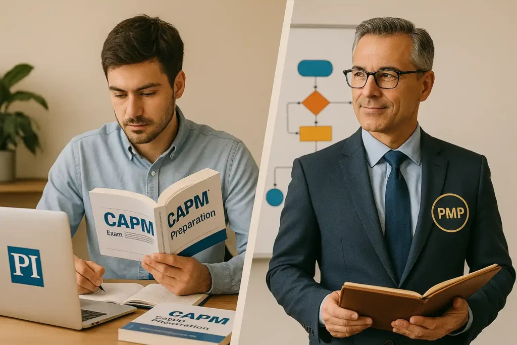 A young man studies CAPM exam materials at a desk with a laptop, while an older man in a suit, wearing glasses and a PMP badge, holds a book and stands in front of a flowchart.