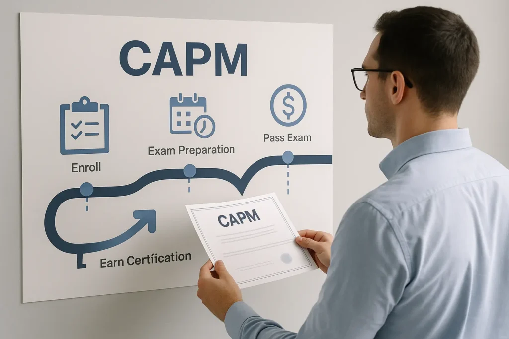 A man in glasses holds a CAPM certificate while looking at a wall chart illustrating the CAPM process: Enroll, Exam Preparation, Pass Exam, and Earn Certification. Icons and a timeline visually represent each step.