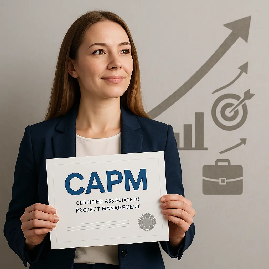 A woman in a business suit holds a CAPM certificate, standing in front of a wall with graphics of a rising arrow, bar chart, target, and briefcase, symbolizing career growth and achievement.