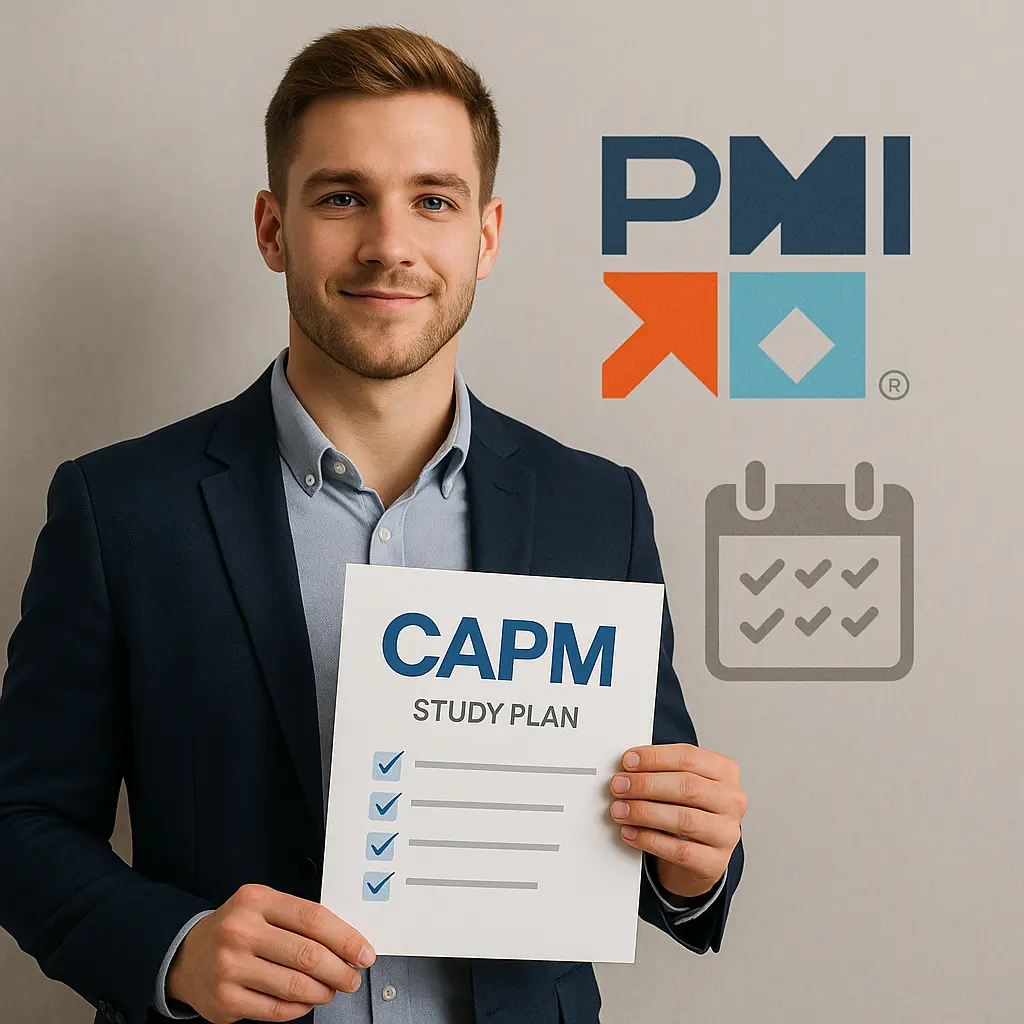 A man in a suit holds a paper titled "CAPM Study Plan" with checkmarks. Behind him are the PMI logo and a calendar icon with checkmarks on a light-colored wall.