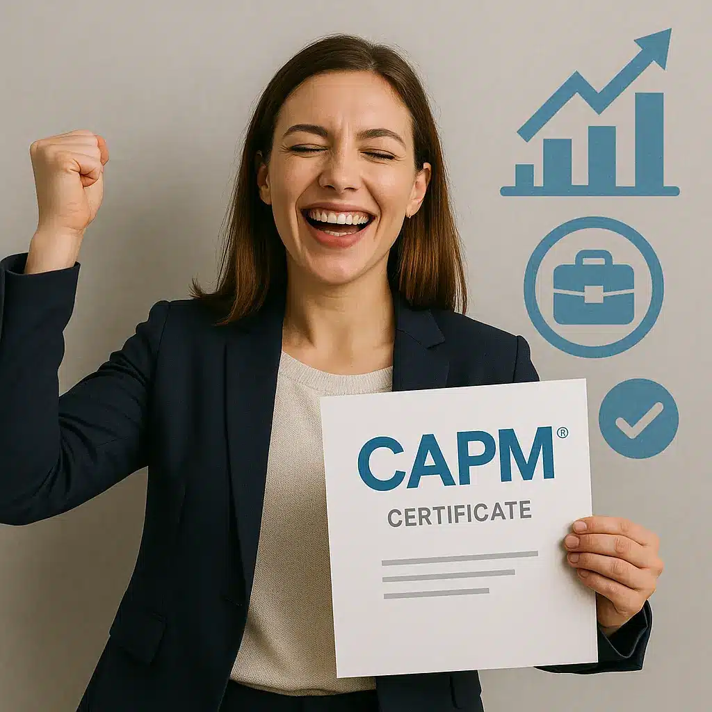 A woman in a suit smiles and raises a fist in celebration while holding a CAPM certificate. Business icons, including a growth chart, briefcase, and checkmark, are visible on the wall behind her.
