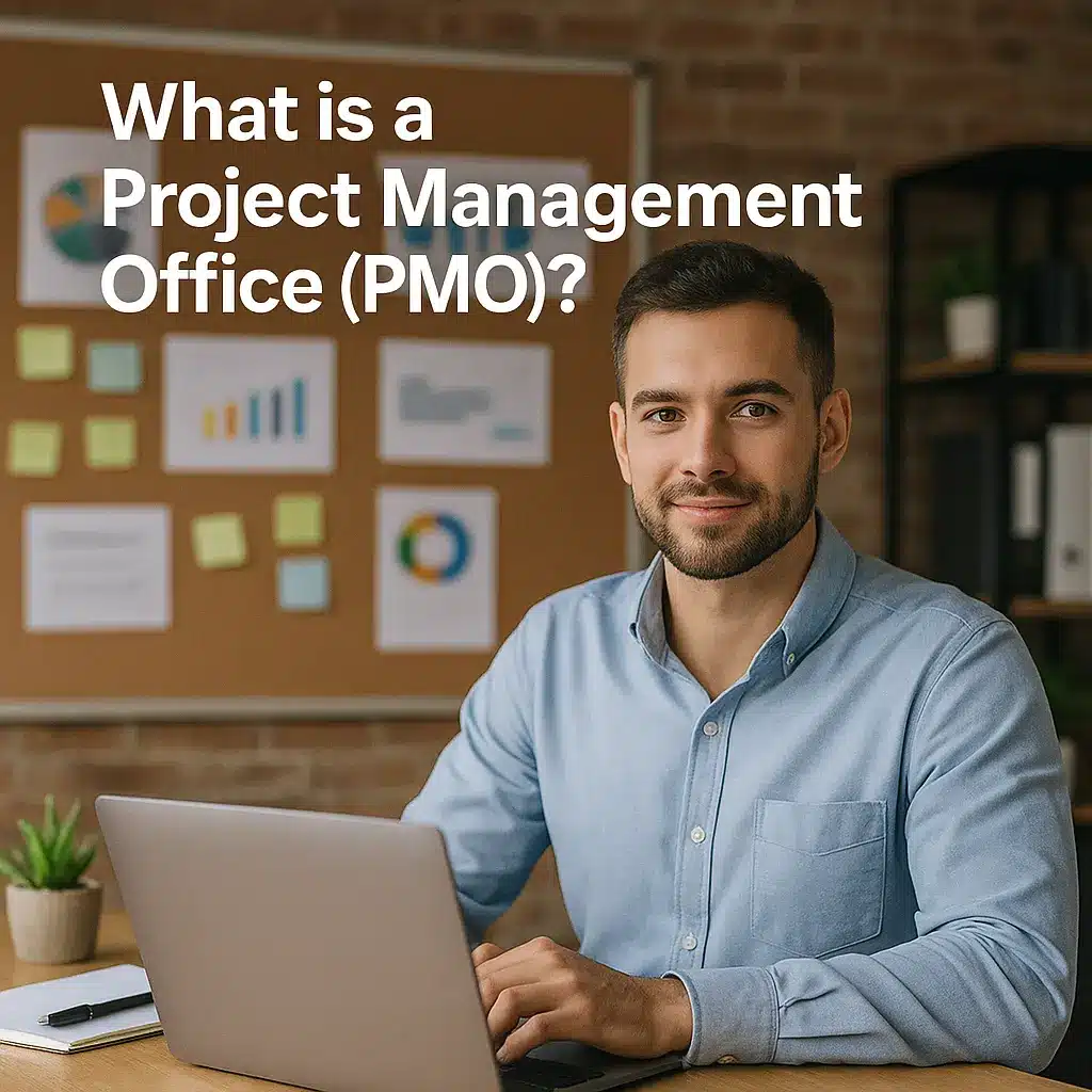 A man sitting at a desk with a laptop, smiling at the camera. Behind him is a bulletin board with charts and graphs. Text reads: "What is a Project Management Office (PMO)?.