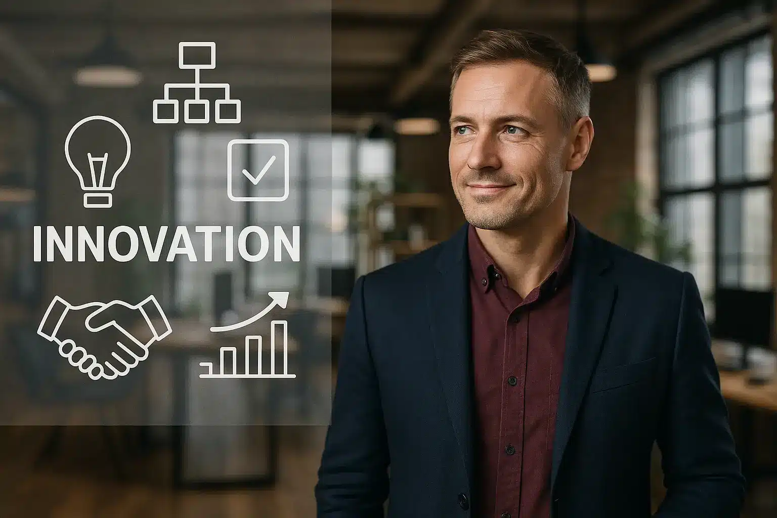 A man in a suit stands in an office, looking thoughtful. Next to him are transparent icons—including a light bulb, handshake, chart, checkmark, and "INNOVATION"—representing the core functions of a Project Management Office (PMO).