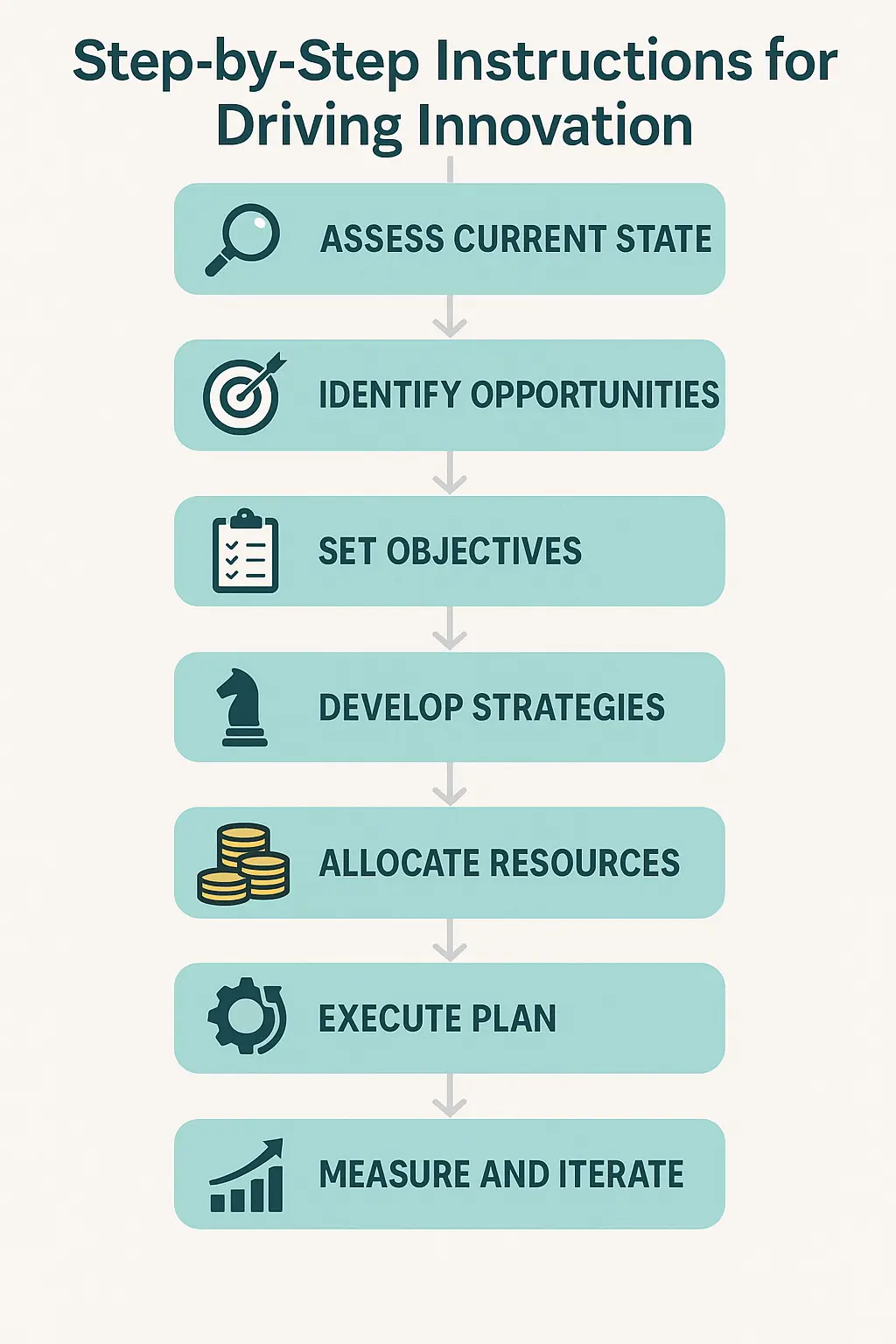 A vertical flowchart titled "Step-by-Step Instructions for Driving Innovation" features seven steps, with guidance from the Project Management Office (PMO): assess current state, identify opportunities, set objectives, develop strategies, allocate resources, execute plan, measure and iterate.