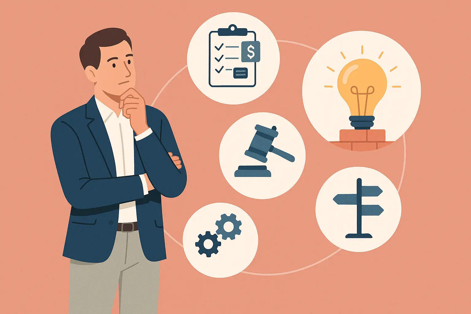 A man in a suit stands thinking, surrounded by icons of a checklist with money, a light bulb, a gavel, gears, and a signpost—reflecting Project Management Office (PMO) decision-making and key considerations.