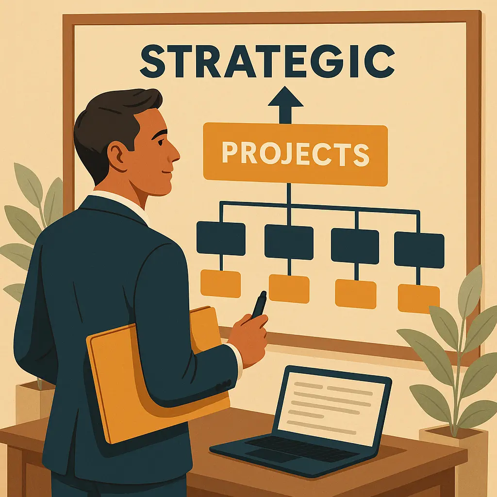 A man in a suit holds a folder and pen, standing by a desk with a laptop, looking at a Project Management Office (PMO) strategic projects flowchart on a board. The chart shows "PROJECTS" with an arrow pointing to "STRATEGIC.