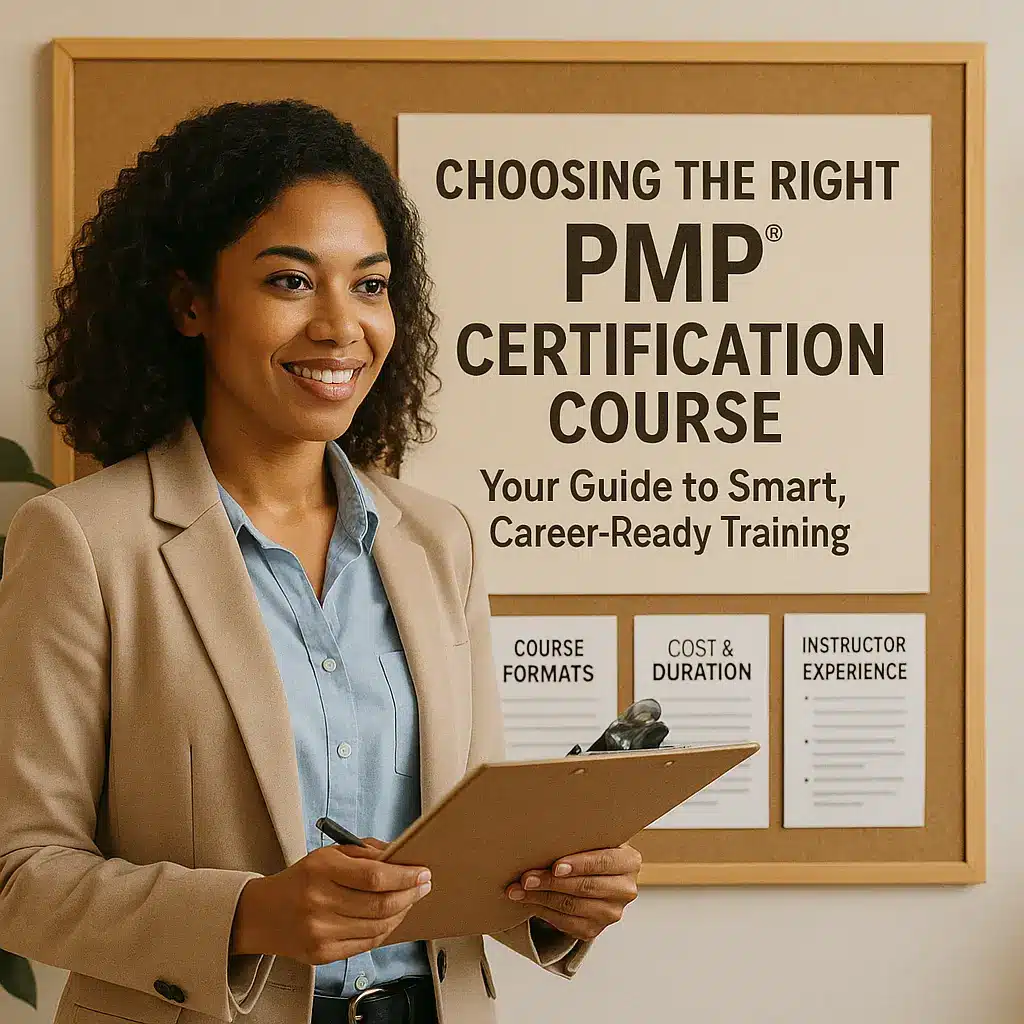 A smiling woman in a beige blazer holds a clipboard in front of a bulletin board with a sign that reads “Choosing the Right PMP Certification Course: Your Guide to Smart, Career-Ready Training.”.