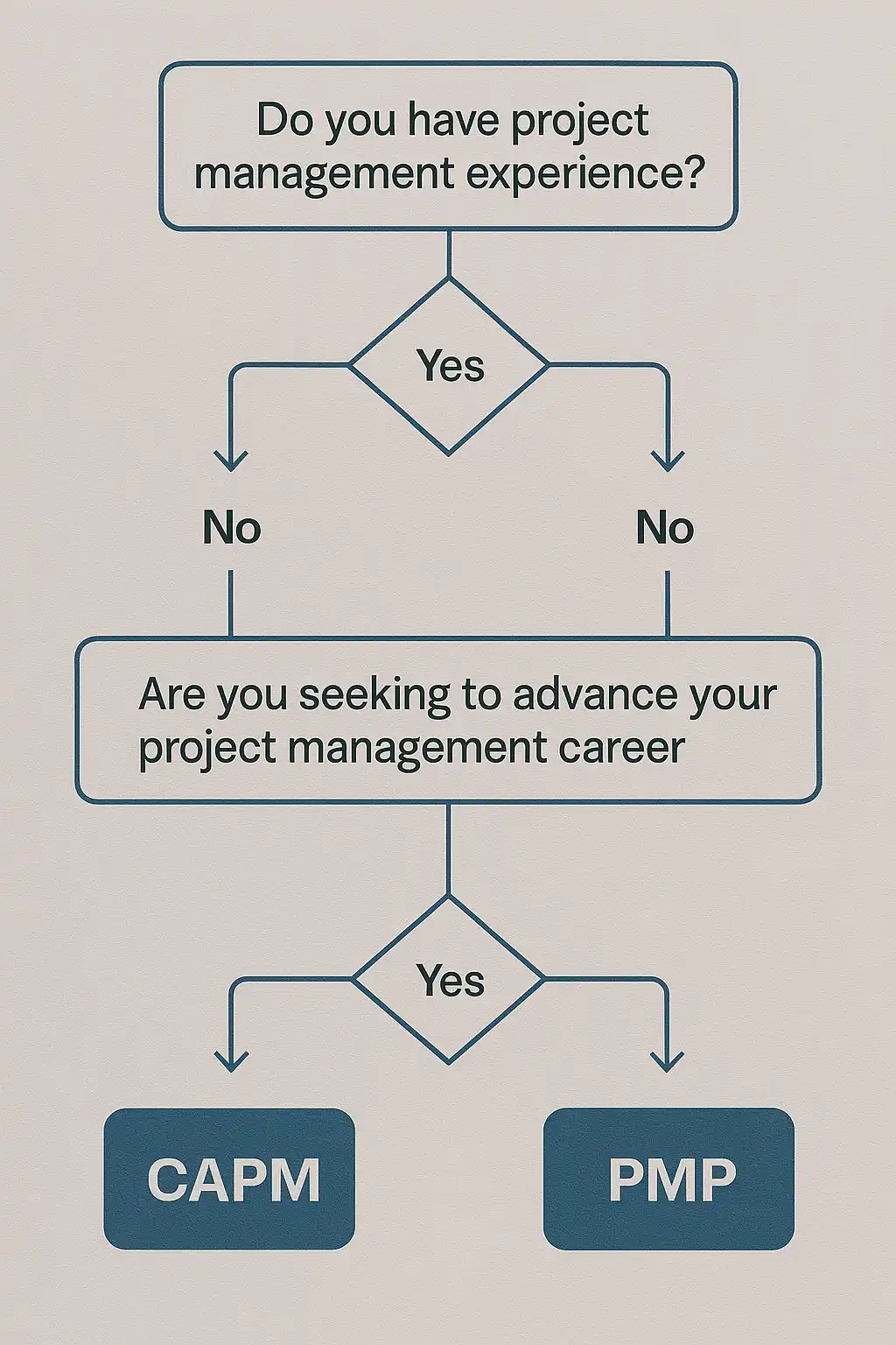 A flowchart asks if you have project management experience. If no, it suggests CAPM. If yes and you want to advance your career, it suggests PMP. If not seeking advancement, no further action is provided.