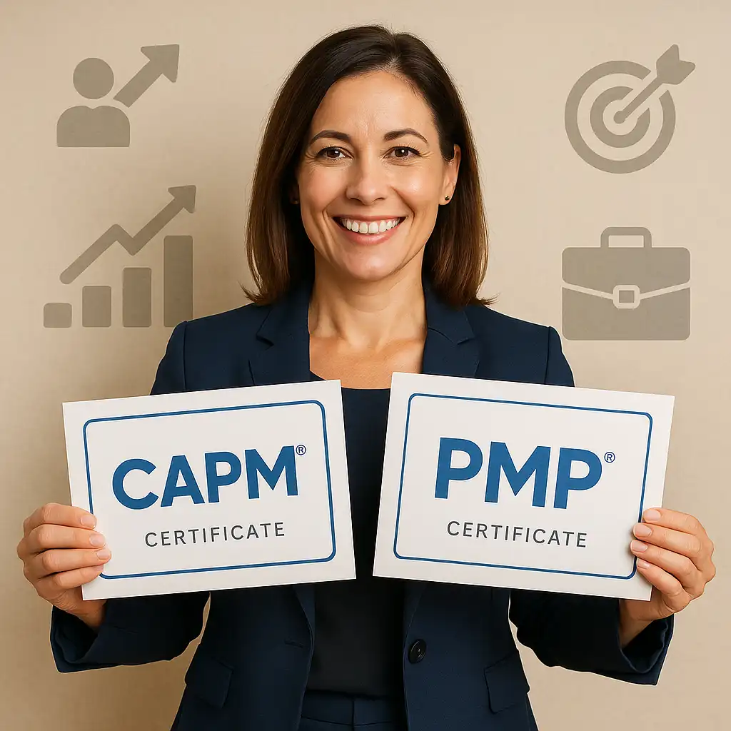 Smiling woman in a business suit holds signs reading "CAPM Certificate" and "PMP Certificate," illustrating CAPM Certification vs PMP Certification, with business icons like a graph, target, and briefcase in the background.
