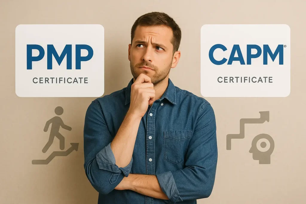 A man in a denim shirt stands thoughtfully between signs reading "PMP Certificate" and "CAPM Certificate," with career progression icons in the background.