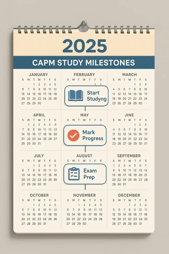 A 2025 calendar titled "CAPM Study Milestones" highlights: Start Studying in February, Mark Progress in May, and Exam Prep in August, with icons for each milestone in respective months.