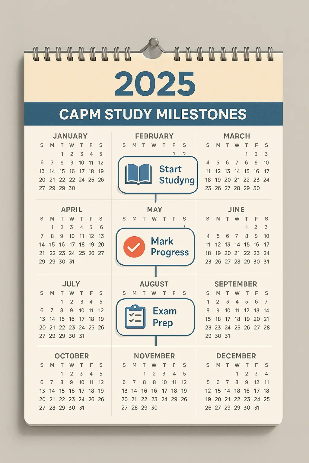A 2025 calendar titled "CAPM Study Milestones" highlights: Start Studying in February, Mark Progress in May, and Exam Prep in August, with icons for each milestone in respective months.