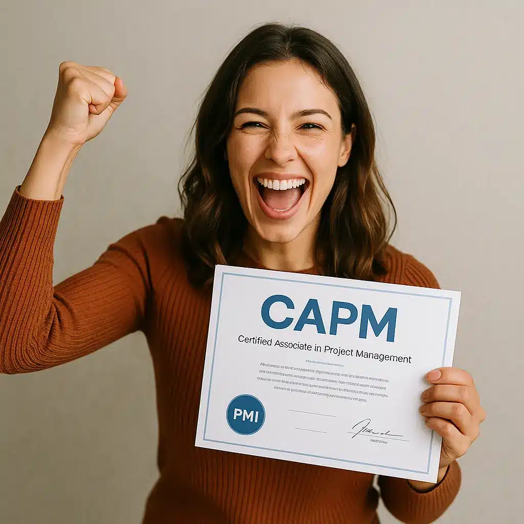 A woman smiling joyfully, raising her fist in celebration, and holding a CAPM certificate—her success fueled by the CAPM Prep Course.