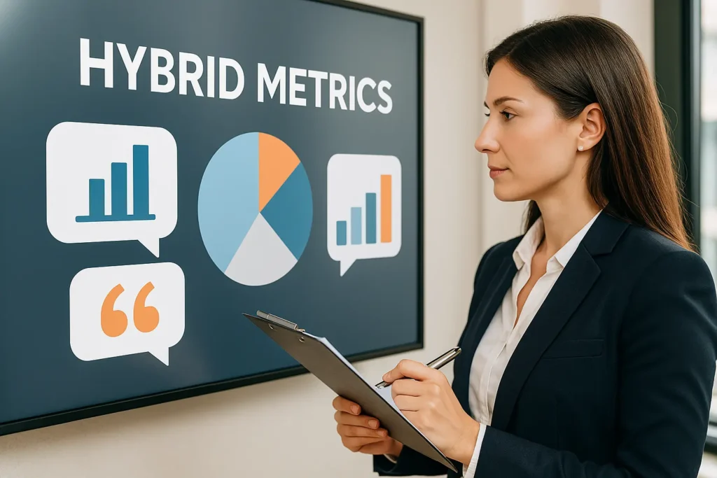 A businesswoman in a suit holds a clipboard and pen while analyzing hybrid metrics on a screen filled with graphs, a pie chart, and a quotation mark icon.