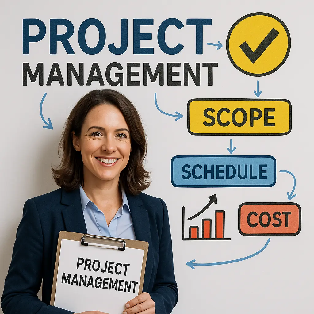 A smiling woman in business attire holds a clipboard labeled "Project Management." Behind her are illustrated words and icons, including "Hybrid metrics," representing key project management concepts like scope, schedule, and cost.