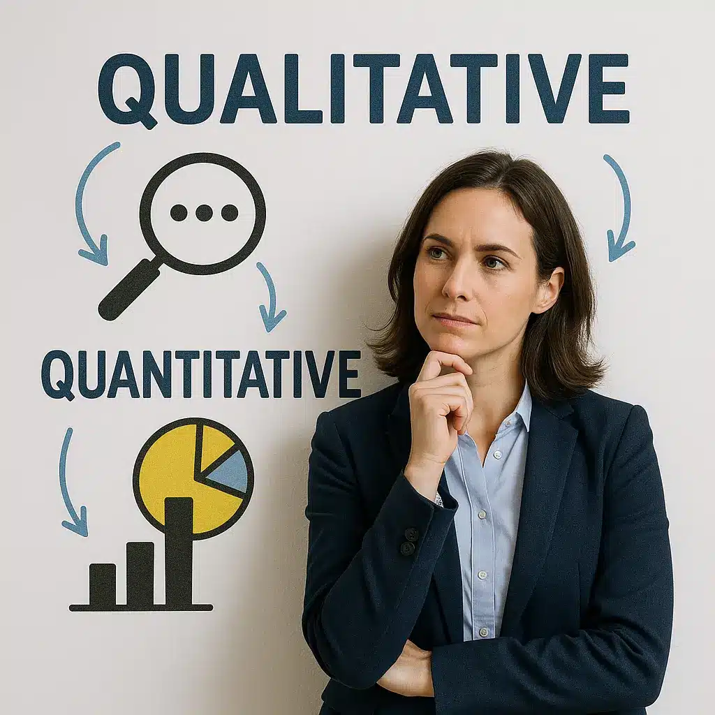 A woman in a business suit stands thoughtfully beside illustrations labeled "Qualitative" with a magnifying glass icon and "Quantitative" with chart icons, highlighting the concept of hybrid metrics on a white background.