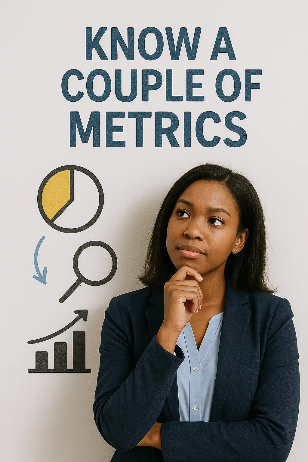 A woman in a business suit stands thoughtfully with her hand on her chin in front of a wall displaying the text "KNOW A COUPLE OF METRICS" and icons representing hybrid metrics like a pie chart, magnifying glass, and upward graph.