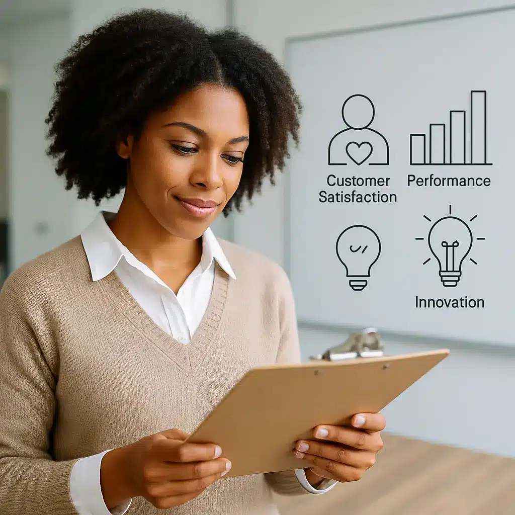 A woman stands holding a clipboard and smiling. Beside her are graphics labeled "Customer Satisfaction," "Performance," and "Innovation," with related icons—a heart, bar chart, and light bulbs—illustrating key hybrid metrics.