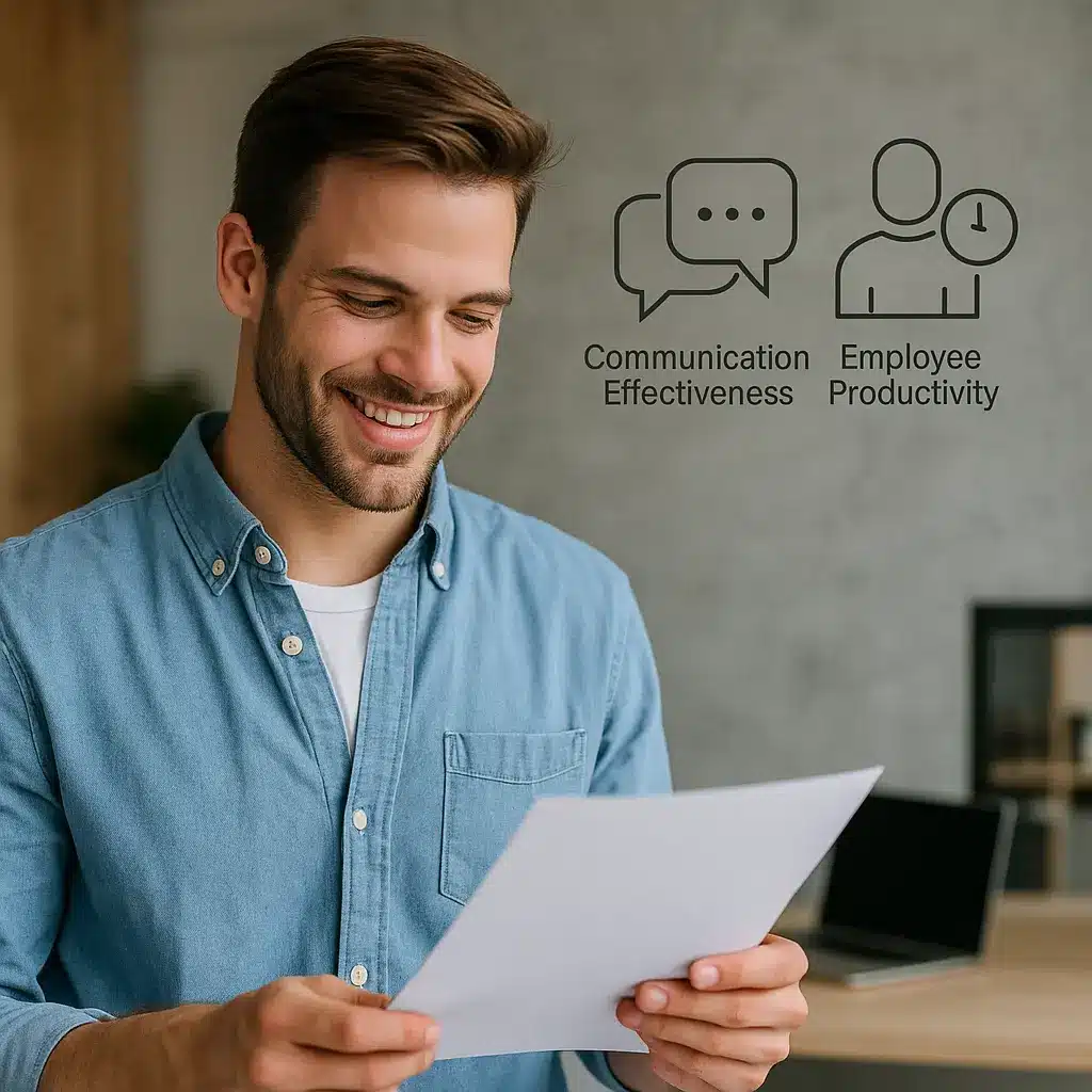 A smiling man in a blue shirt holds a document. Behind him, icons with the words "Communication Effectiveness," "Hybrid Metrics," and "Employee Productivity" appear in a modern office setting.
