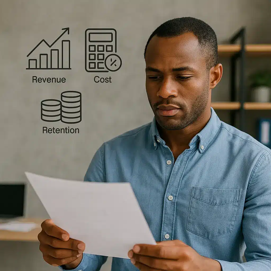 A man in a blue shirt looks at a document. On the wall behind him are icons and words: a bar chart labeled "Revenue," a calculator labeled "Cost," stacked coins labeled "Retention," and hybrid metrics connecting them.