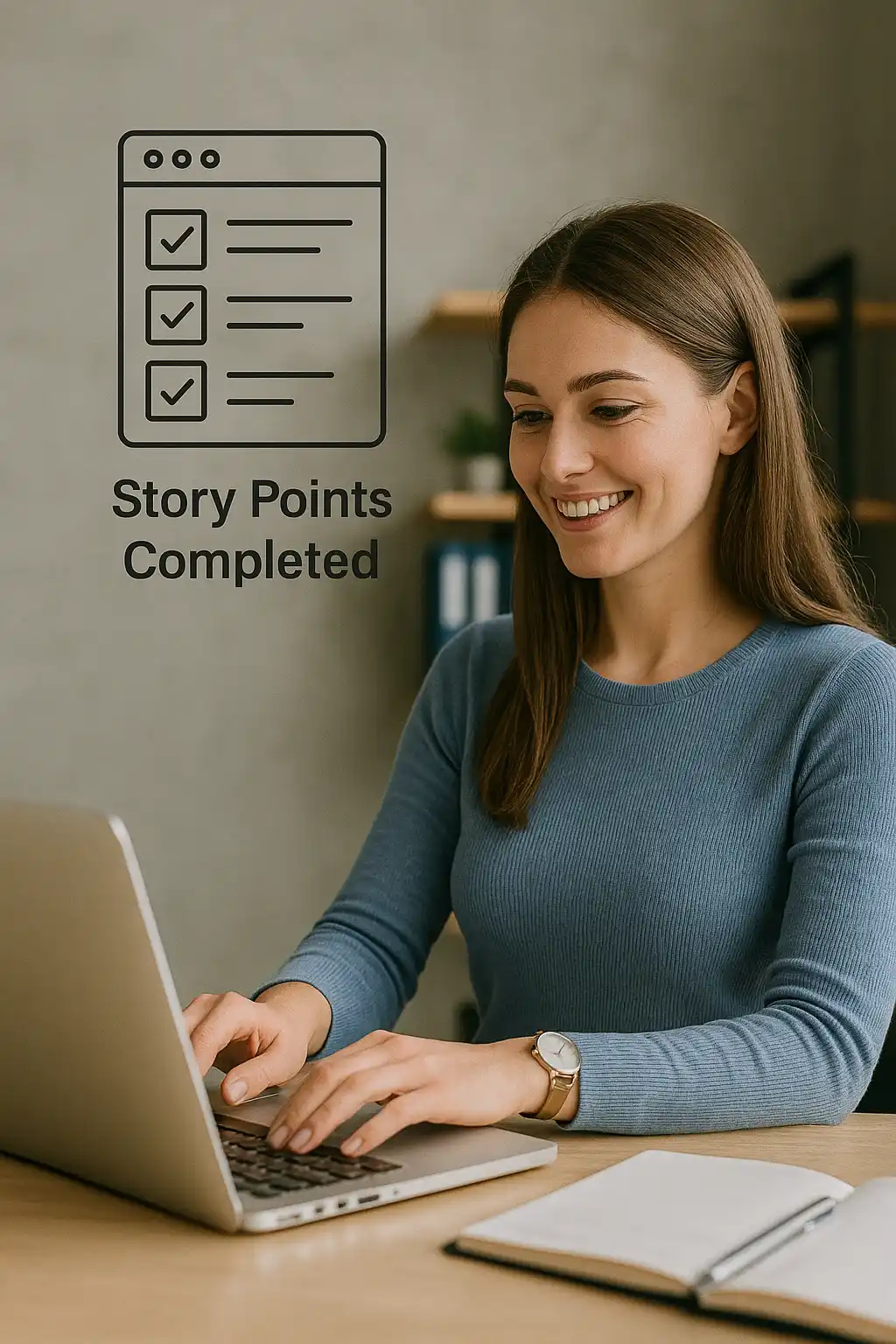 A smiling woman in a blue sweater types on a laptop. Behind her, an icon of a checklist and the text "Story Points Completed" highlight hybrid metrics. A notebook and pen lie on the desk.