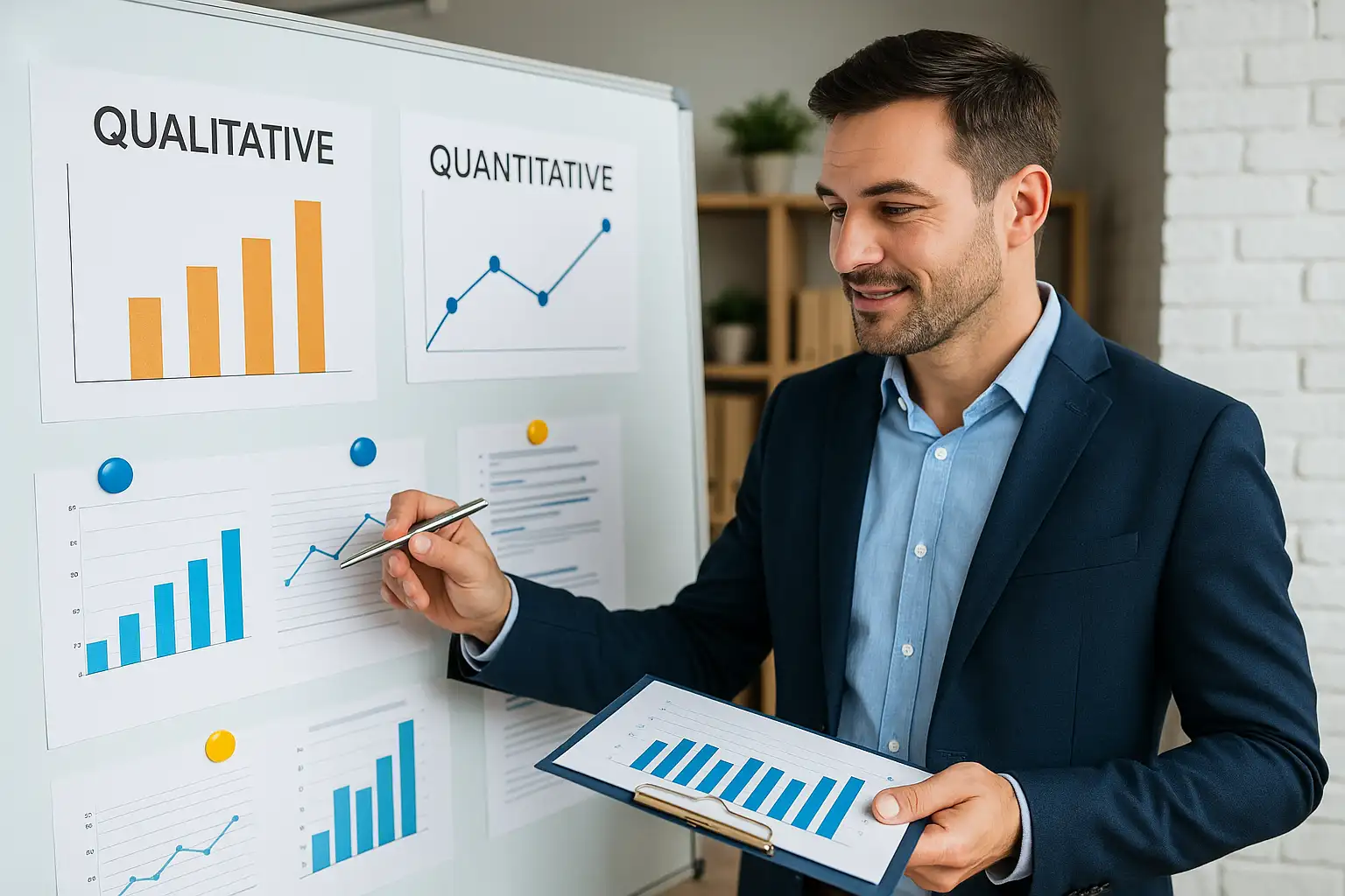 A man in a suit points to graphs labeled "Qualitative," "Quantitative," and "Hybrid metrics" on a whiteboard with a pen, while holding a clipboard with charts, appearing to explain business data analysis.